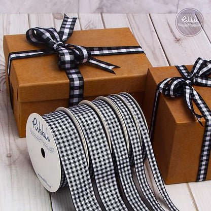 Ribbli Black and White Gingham Ribbon,100% Polyester Woven Edge,5/8 Inch x 10 Yard,Plaid Ribbon,Buffalo Checked Ribbon (Black B)