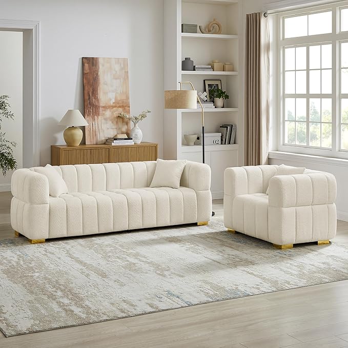 VANOMi Sofa and Chair Set, Modern Deep Seat Couch & Boucle Sofa Chairs, Oversized Upholstered Couch Sets for Living Room, Bedroom, Office, Apartment, White (2 Pieces)