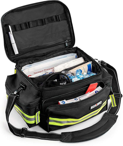 Scherber First Responder Fully-Stocked Professional Essentials EMT/EMS Trauma Kit | HSA/FSA Approved | Reflective Bag w/8 Zippered Pockets & Compartments & 200+ First Aid Supplies - Black