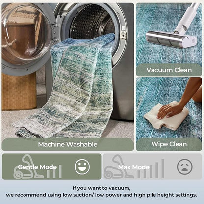 Kokia Abstract Teal Area Rugs 8x10 Bedroom Soft Living Room Rugs Washable Distressed Vintage Comfy Carpet with Non-Slip Backing for Farmhouse Home Office Room Decor, Blue and Green