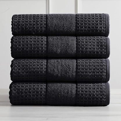 Market & Place 100% Cotton Super Soft Luxury Bath Towel Set | Quick-Dry and Highly Absorbent | Waffle Textured | 550 GSM | Includes 4 Bath Towels | Harper Collection (Black)