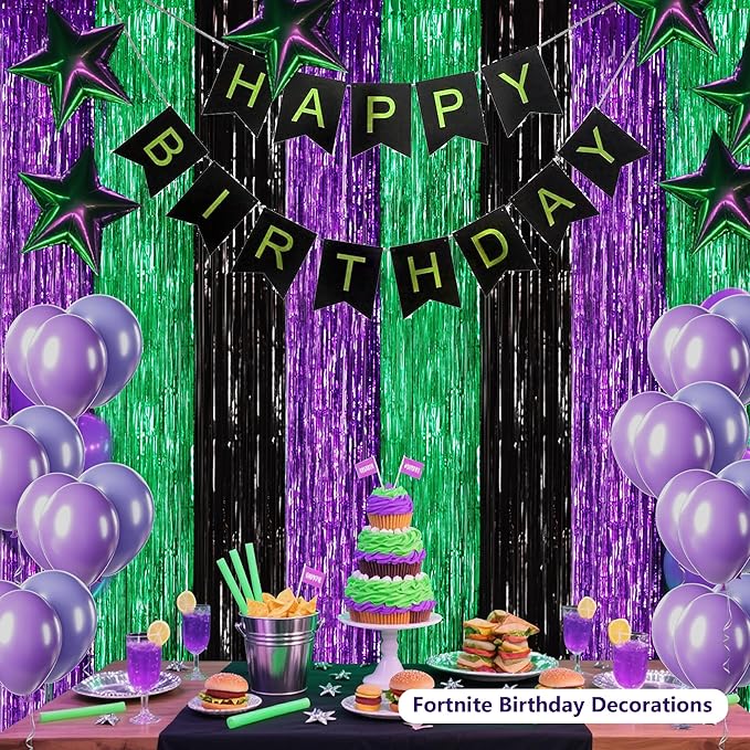 BEISHIDA 3Pcs Purple Green Black Door Streamer Backdrop Foil Fringe Tinsel Curtains Backdrops for Monster Truck Theme Birthday Party, Halloween Party Supplies (3.28 ft x 6.56 ft)