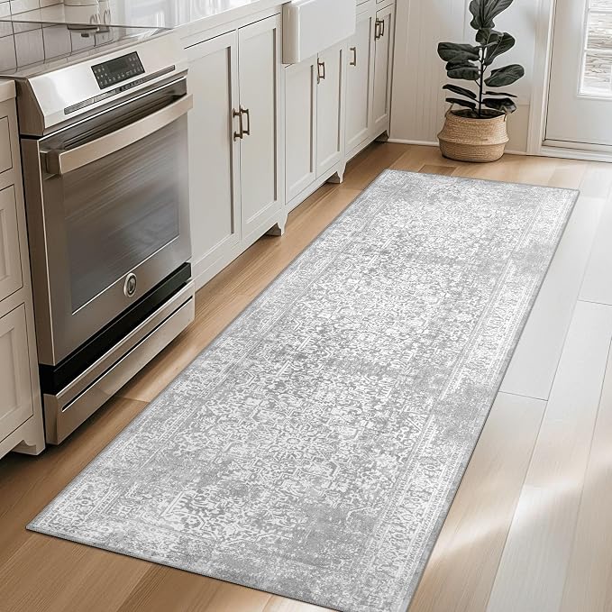 vivorug Runner Rug 2'x8' Vintage Washable Non-Slip Runners for Hallways Kitchen Entryway Laundry Room Carpet Hallway Runner Ivory/Silver