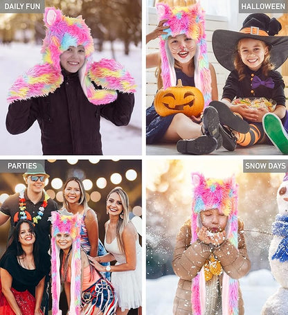 DolliBu Rainbow Plush Hat - Super Soft Warm Winter Hat with Ear Flaps, Funny Party Costume, Stuffed Beanie for Kids & Teens - One Size