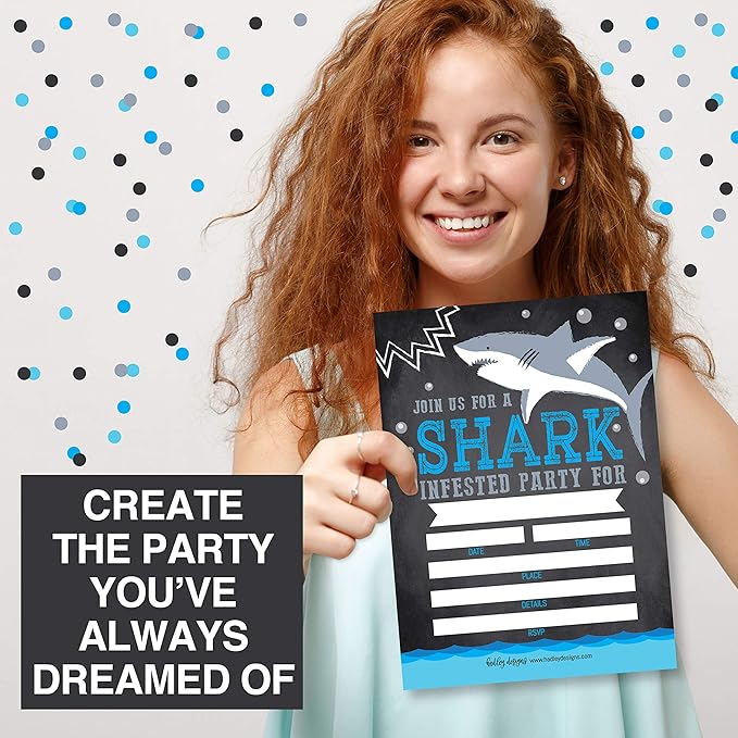 Hadley Designs Kids Birthday Invitations For Boys Shark Theme - 25 Shark Birthday Party Invitations For Boys, Sea Creature Invites For Boy, Cute Ocean Party Supplies, Made In USA