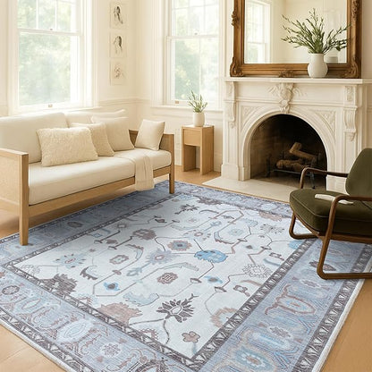 Fame Living Cream Grey Oushak Rug, Modern, Vintage, Turkish, Eclectic, Floral, Pastel, Washable, Oversized, Extra Large Area Rugs for Living Room, Dining, Bedroom, Lounge 9'5"x14'