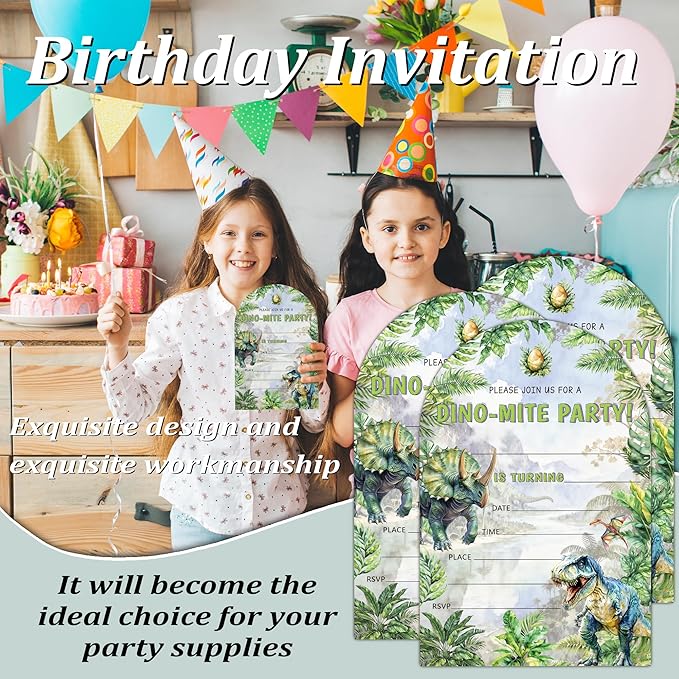 Dinosaur Birthday Party Invitations, T-Rex Theme Birthday Invitations for Boys, Please Join Us For A Dino-Mite Party, 20 Fill-In Dinosaur Party Decorations Supplies (arch)