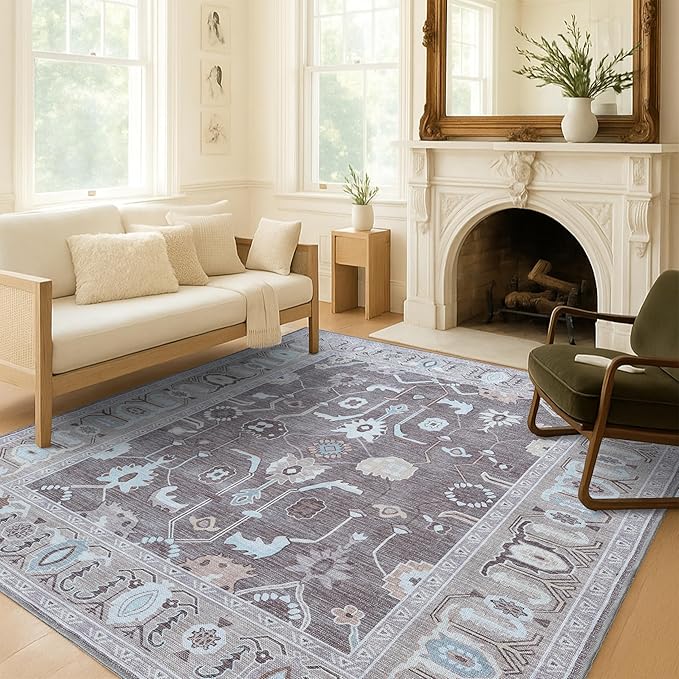 Brown Oushak Rug, Modern, Vintage, Turkish, Eclectic, Floral, Pastel, Washable, Area Rugs for Living Room, Dining, Bedroom, Nursery, Girls, Boys, 5'9"x8'9"