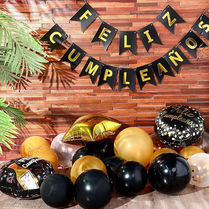 Lunmon 98 Pcs Feliz Cumpleaños Decorations for Men Women Spanish Birthday Decoration Black and Gold Party Decorations Kit Feliz Cumpleaños Banner Black and Gold Balloons for Birthday Party Supplies