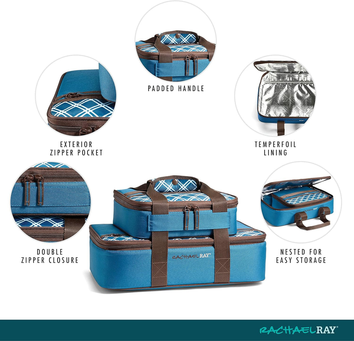 Rachael Ray Lugger Duo, Insulated Casserole Carrier for Hot or Cold Food, Thermal Lasanga Lugger Tote for Pockluck, Parties, Picnic, and Cookouts, Fits 9" x 13" Baking Dish, Blue Plaid