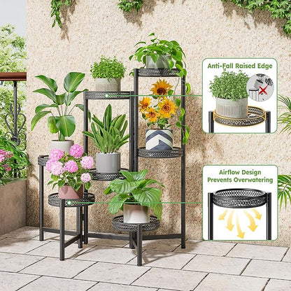 7 Tier Large Metal Plant Stand Indoor Outdoor with 7.9 Inch Wide Tray, Tiered Corner Plant Stand, Flower Display Holder Shelf, Folding Tall Rack for Patio Porch Balcony Living Room Garden - BlackWave
