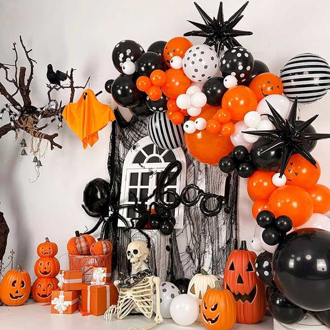 Halloween BOO Balloon Arch Garland Kit, Orange Black White Spooky Pumpkin Face Print Latex Balloons with Eyeball Spider Explosion Star Foil Balloon for Trick or Treat Scary Birthday Party Decorations