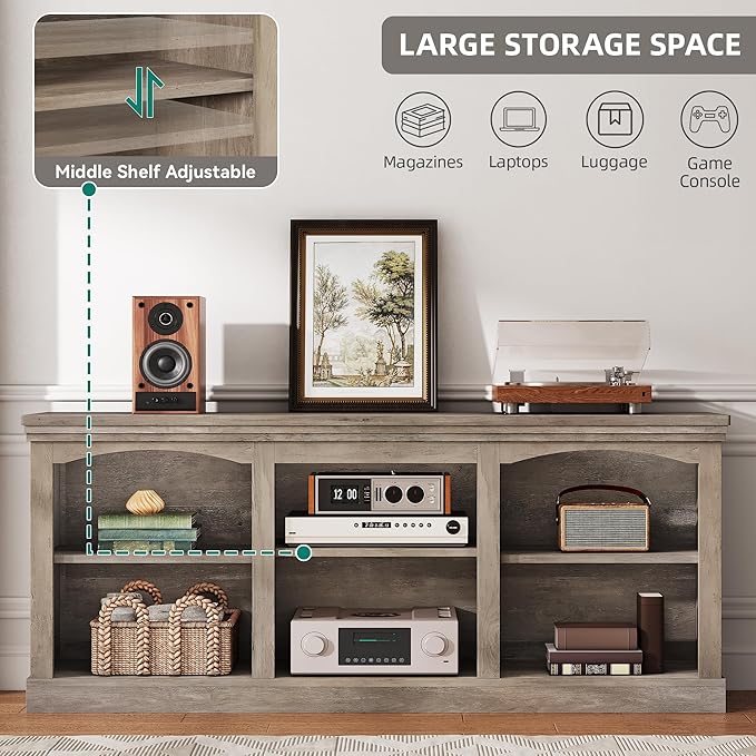 YITAHOME Farmhouse TV Stand for 75/80 Inch TV, Entertainment Center with Adjustable Shelf, Large TV Console Table for Living Room (Washed Grey)