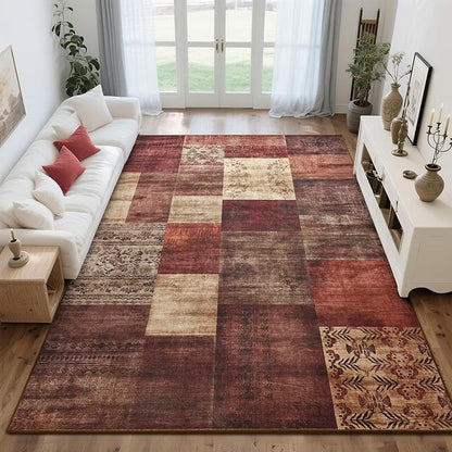 Tepook Modern Area Rug for Living Room, 8x10 Geometric Large Rugs for Bedroom, Washable Patchwork Rug Indoor Non-Slip Throw Carpets for Dining Room Office Farmhouse Home Decor, Red