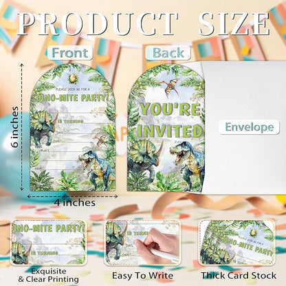Dinosaur Birthday Party Invitations, T-Rex Theme Birthday Invitations for Boys, Please Join Us For A Dino-Mite Party, 20 Fill-In Dinosaur Party Decorations Supplies (arch)