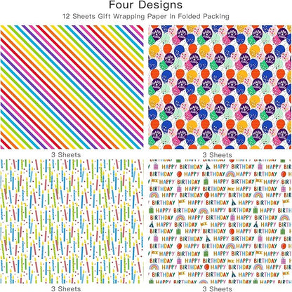 WRAPAHOLIC Birthday Wrapping Paper Sheet - 12 Sheets Folded Flat with 12 Gift Tags for Party, Baby Shower - 19.7 Inch X 27.5 Inch Per Sheet
