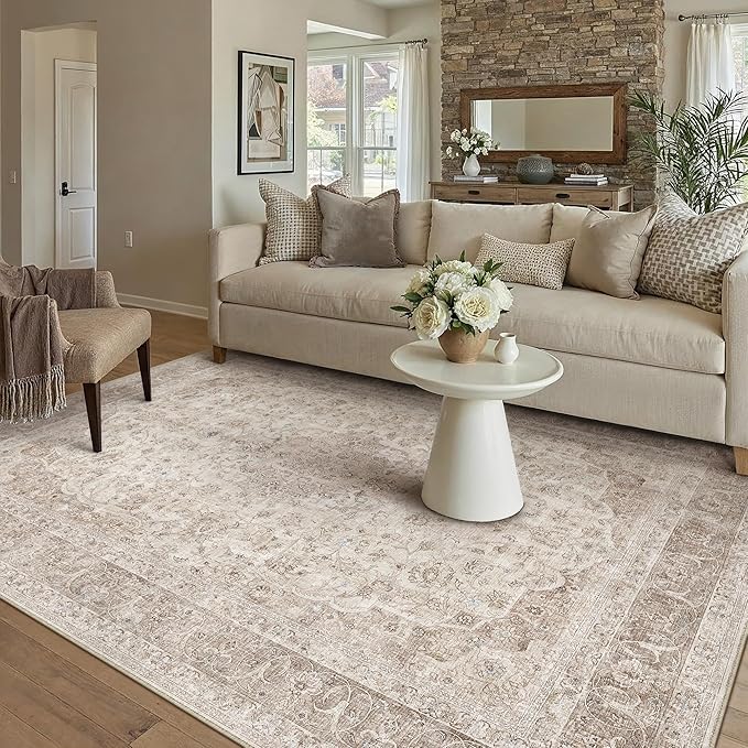 Beige Area Rug 4x5 Washable Office Entryway Vintage Carpet Low Pile Non Slip Distressed Door Mat Soft Traditional Retro Oriental Small Accent Throw Rug Kitchen Bedroom Bathroom Dining Room