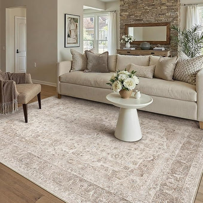 Beige Area Rug 4x5 Washable Office Entryway Vintage Carpet Low Pile Non Slip Distressed Door Mat Soft Traditional Retro Oriental Small Accent Throw Rug Kitchen Bedroom Bathroom Dining Room