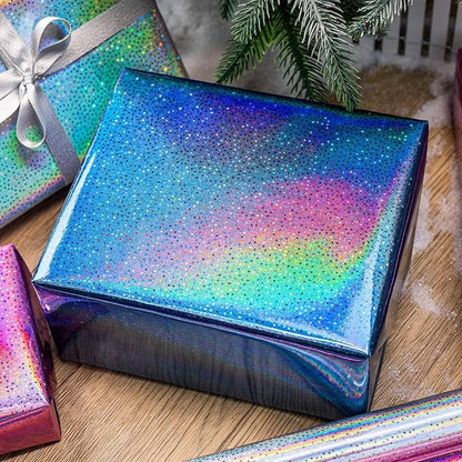 Burymento Mini Wrapping Paper Roll, Metallic Holographic Star Gift Wrap for Birthday, Valentines, Mothers day, Graduation, Wedding, Fathers day, Baby Shower, Christmas (17 Inch x 120 Inch - 3 Rolls)
