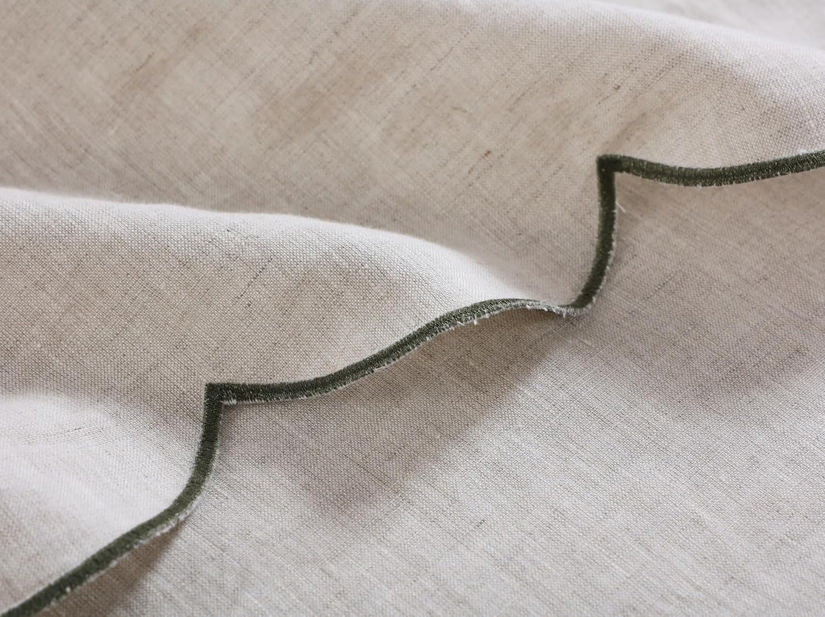 100% French Flax Linen Tablecloths Scalloped Embroidery Rectangle 120Lx60W Inch for Dinners, Parties, Spring, Machine Washable, 10-12 Sets, Linen(Edges-Green)