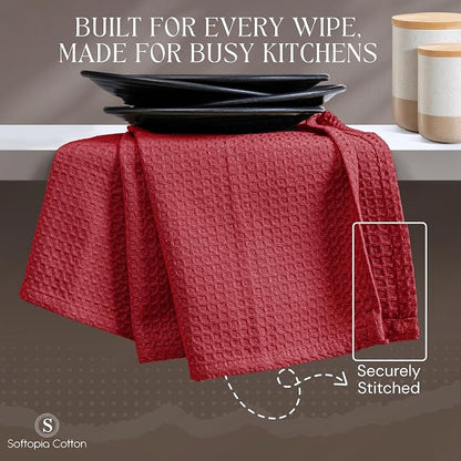 Red Waffle Kitchen Towels, 100% Cotton, Quick Dry, Super Absorbent, Soft, Lint-Free, 16x26 Inches, with Hanging Loop - Ideal for Dish Drying, Bar, Tea, Cleaning & Everyday Use, 4 Pack