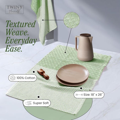 TWINY threads Kitchen Dish Towel Diamond Weave, Premium Large 100% Cotton Kitchen Linen Set, Dish Rags and Wash Rags, Absorbent Quick Drying, Washable Reusable, Pack of 4, 18 x 26 Inch, Mint Green