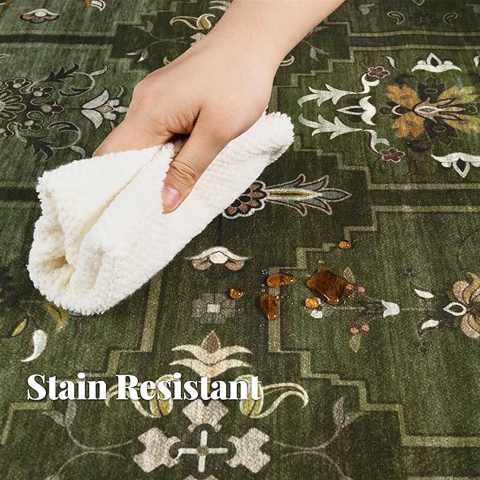 4x6 Area Rug for Bedroom Machine Washable, Non Slip Vintage Floral Kitchen Rugs for Dining Room, Low Pile Indoor Floor Print Carpet for Nursery Farmhouse Home Office Dark Green