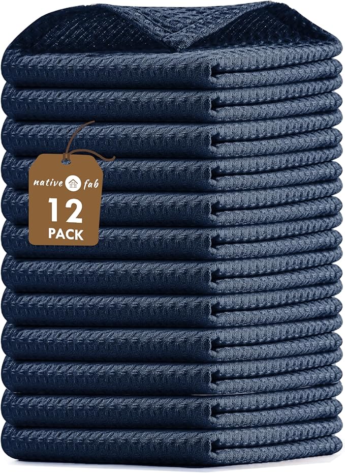 Native Fab 12 Pack Waffle Dish Cloths - 100% Cotton, Absorbent, Quick Drying, Reusable Towels for Cleaning, Cooking, Baking - Great for Home, Restaurants, Versatile Use - 12"x12" - Navy Blue