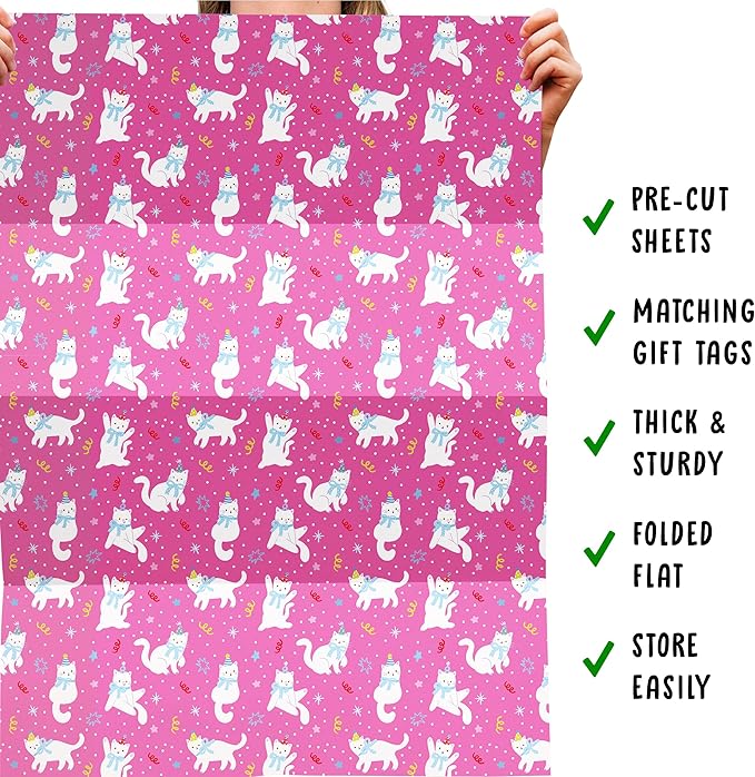 Cat Wrapping Paper - Funny Cat Themed Gifts - 6 Giftwrap Sheets - Pink Gift Wrap For Christmas Birthday Baptism Baby Shower - For Girls Boys Men Women Son Daughter - Includes Tags - Recyclable
