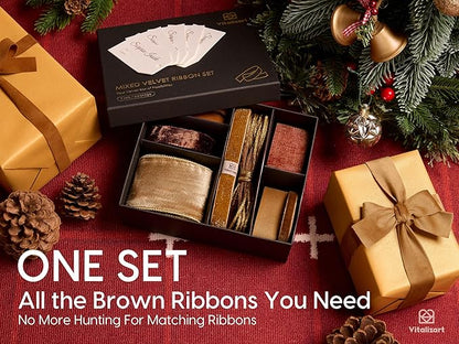 Vitalizart Brown Velvet Ribbon 9 Rolls with Gift Tags Luxury Textured Ribbon for Christmas Gift Wrapping Tree Ornaments Bows Wreaths Holiday Decorations