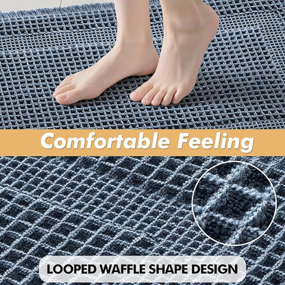 MIULEE Set of 2 Waffle Bathroom Rugs, Boho Bath Rugs Non Slip Washable, Super Absorbent, Ultra Soft Rubber Backed Shower Bath Mats for Floor, Tub, Shower, Looped Design, Blue, 18x30 Inch