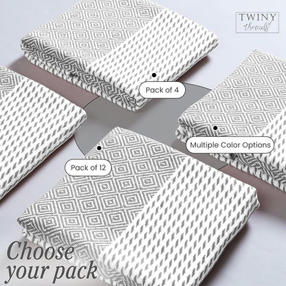 TWINY threads Dish Towel Diamond Weave, Premium 100% Cotton Kitchen Linen Set, Large Dish Rags and Wash Rags, Absorbent Quick Drying, Washable Reusable Dishcloth Set, 4 Pack, 18"x26", Light Grey