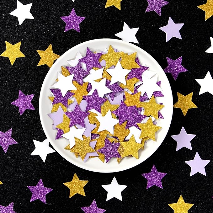 White Purple-Gold Party-Decorations Star Confetti - 300pcs Glitter Graduation 2025 Paper Table Confetti Woman Girl Birthday Party Decoration Bridal Baby Shower Wedding Decor Lasting Surprise