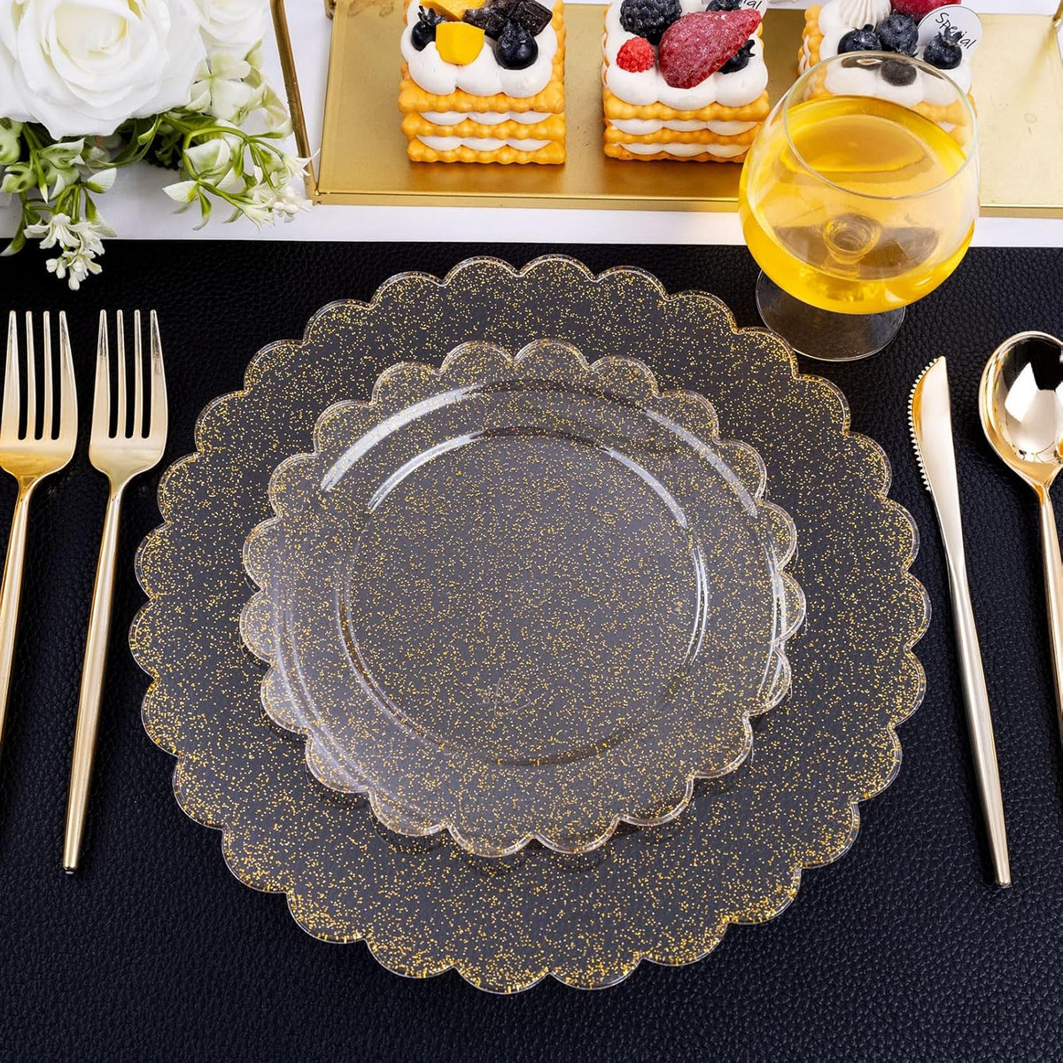 LIYH 60 Pcs Gold Glitter Plastic Scalloped Plates - Disposable Heavyduty Combo Plastic Plates Dishes Included 30 Dinner Plate 30 Dessert Plate for Weddings Party Birthday