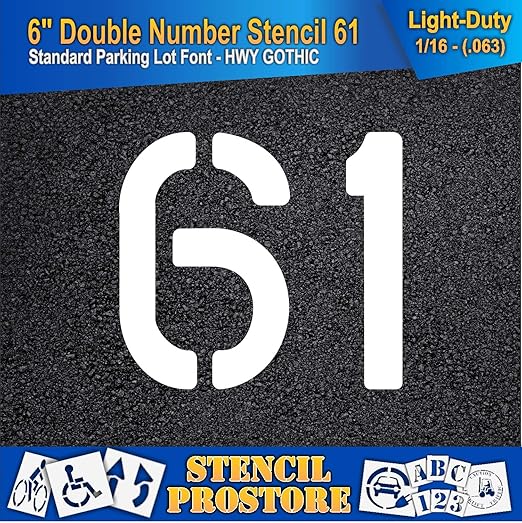 Pavement, Curb, and WheelStop Stencils - 6 inch Double Number Stencil - (61) - 6" x 6" x 1/16" (63 mil) - Light-Duty