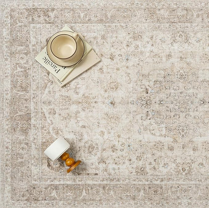 Beige Area Rug 4x5 Washable Office Entryway Vintage Carpet Low Pile Non Slip Distressed Door Mat Soft Traditional Retro Oriental Small Accent Throw Rug Kitchen Bedroom Bathroom Dining Room