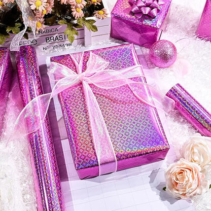 Burymento Pink Wrapping Paper Roll, Metallic Holographic Diamond Gift Wrap for Birthday, Valentines, Mothers day, Graduation, Wedding, Fathers day, Baby Shower, Christmas (17 IN x 32.8 FT)