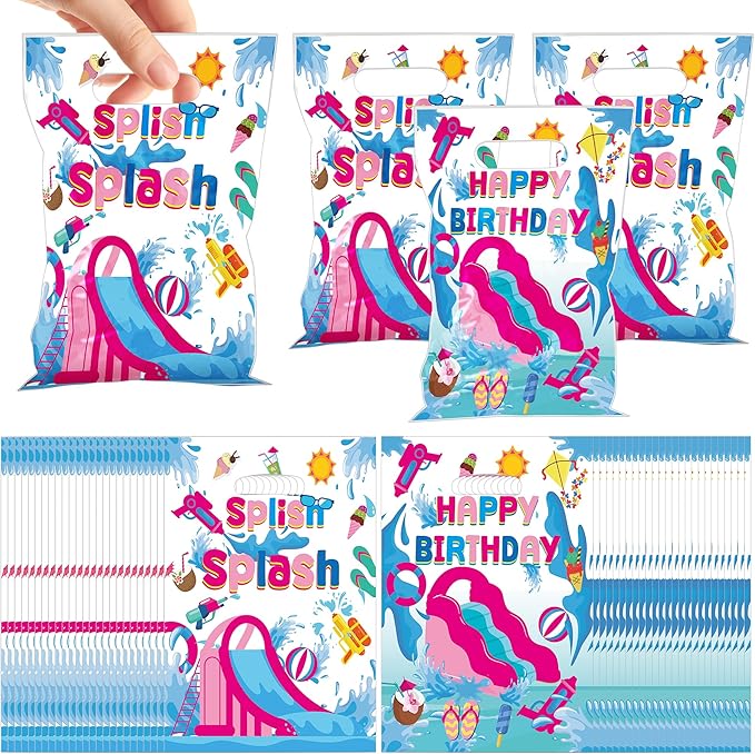 MOIZYNG 50Pcs Splish Splash Summer Birthday Gift Bags with Handles, Pink Splish Splash Happy Birthday Plastic Candy Treat Goodie Bags for Summer Pool Party Favors Supplies