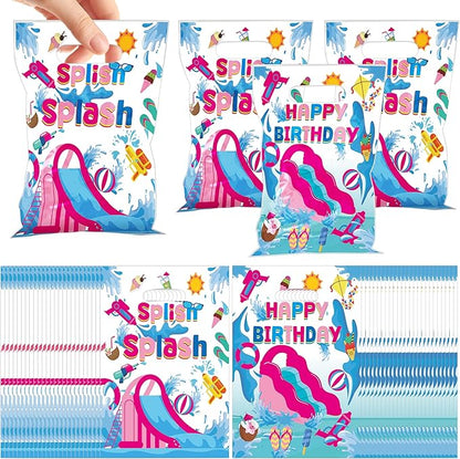 MOIZYNG 50Pcs Splish Splash Summer Birthday Gift Bags with Handles, Pink Splish Splash Happy Birthday Plastic Candy Treat Goodie Bags for Summer Pool Party Favors Supplies