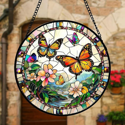 Stained Glass Window Hanging, Butterflies Flying in The Sky Suncatcher for Doors Home Sun Catchers Decoration and Christmas, Mother's Day Birthday Gifts for Women, Men, and Mom 11.8x11.8 in