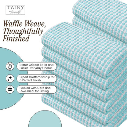 TWINY threads Circle Waffle Dish Towels 4 Pack, 16x26 Inches, 100% Cotton, Soft, Absorbent, Quick Dry, Everyday Wash Rags, Suitable for Glass Cleaning, Drying Dishes, Kitchen Essentials, Water Blue