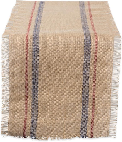 DII Jute Burlap Collection Kitchen Tabletop, Table Runner, 14x108, Double Border Blue/Red