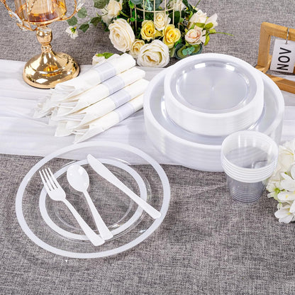 I00000 210 Pcs Clear White Plates for 30 Guests, White Dinnerware Include 60 Plates, 30 Cups, 30 Pre Rolled Napkins with Cutlery Set for Party and Wedding