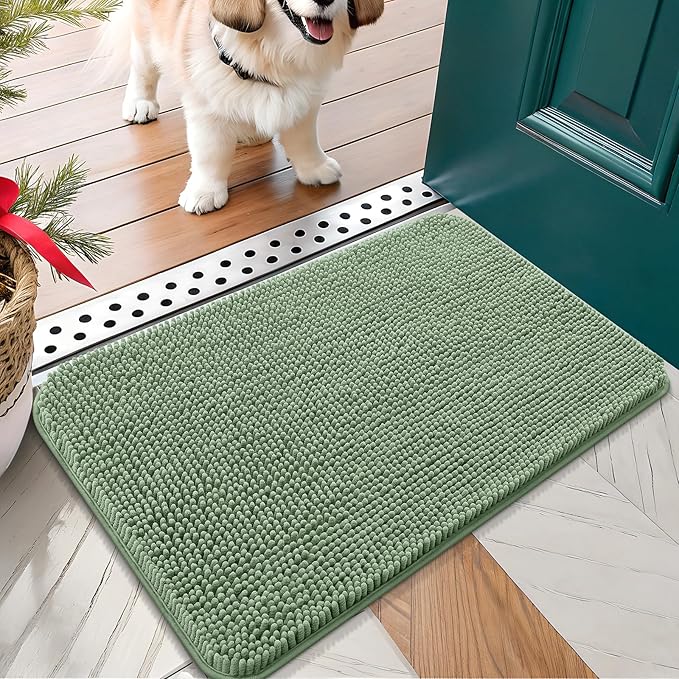 OLANLY Dog Door Mat for Muddy Paws 30x17, Absorbs Moisture and Dirt, Absorbent Non-Slip Washable Doormat, Quick Dry Chenille Mud Mat, Entry Indoor Entryway Carpet for Inside Floor, Olive Green