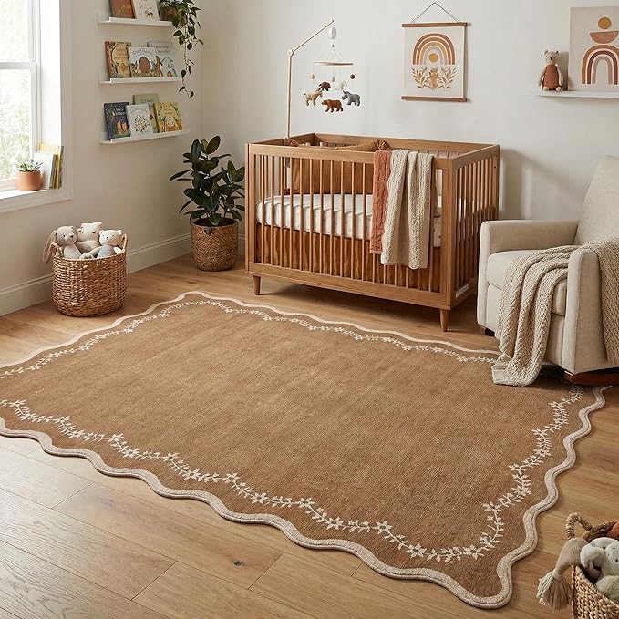 GarveeHome 4x6 Brown Scalloped Washable Area Rug for Nursery Room, Solid Floral Soft Nursery Rug Non Slip Low Pile Small Carpet Stain Resistant Throw Rug for Dorm Kids Room Office Dining Room