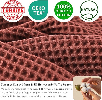 PÜSKÜL Natural 100% Turkish Cotton Waffle Kitchen Towels Set of 3 | Oeko-Tex, Premium Waffle Hand Towels for Bathroom | Soft Absorbent Quick-Dry Lint-Free Dish Towel Large 32x16 inch (3, Brick)