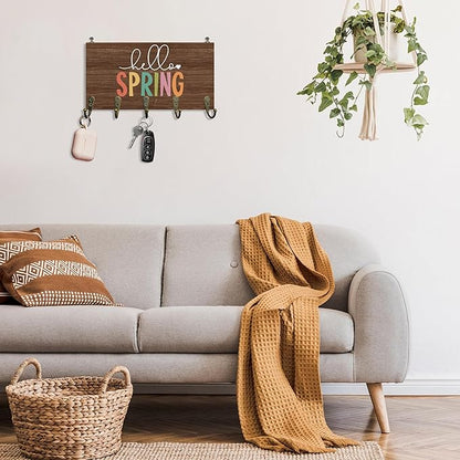 Rustic Spring Key Holder for Wall 10"x5.12", SeasonalSpring Key Hanger Wall Mount, Colorful Hello Spring Farmhouse Dark Brown Wooden Hanging Keys Holder Decor for Entryway Front Door（5 Hooks）