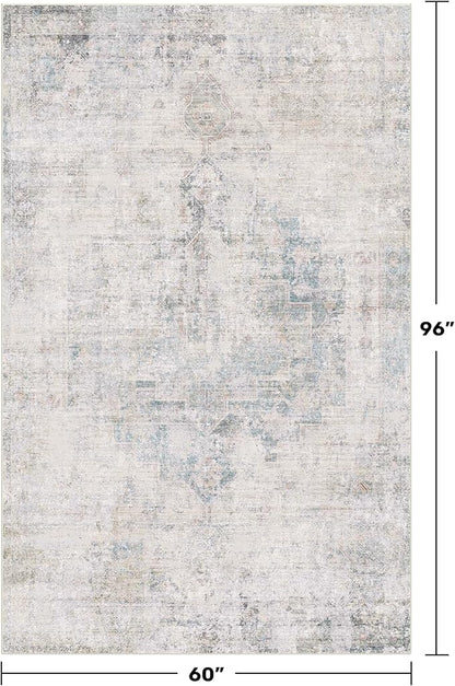 Hazo Haus Blue Abstract Rug for Dining Room - 5x8 Modern Area Rug for Home Office, Foyer, Bedroom, Low Pile & Lightweight