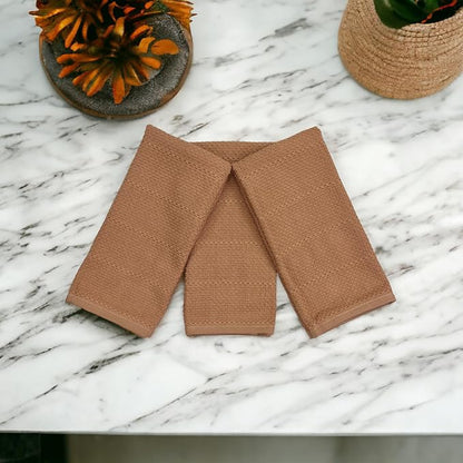 Beige Clay Peach Blush Tan Pink Kitchen Hand Dish Towels: Oversized 28" x 18",100% Cotton Cloth Soft Cleaning Drying Absorbent Textured Design, Set of 3 Multipurpose for Everyday Use (Sandstone)