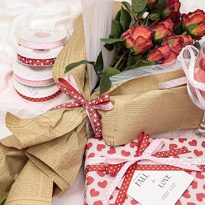 Valentine's Day Ribbon Set - 4 Rolls Heart Printed Grosgrain Ribbon, 3/8 Inch x 60 Yards Total for Gift Wrapping, Crafts, Home Decor, Party Supplies (Red, White, Pink, Hot Pink)